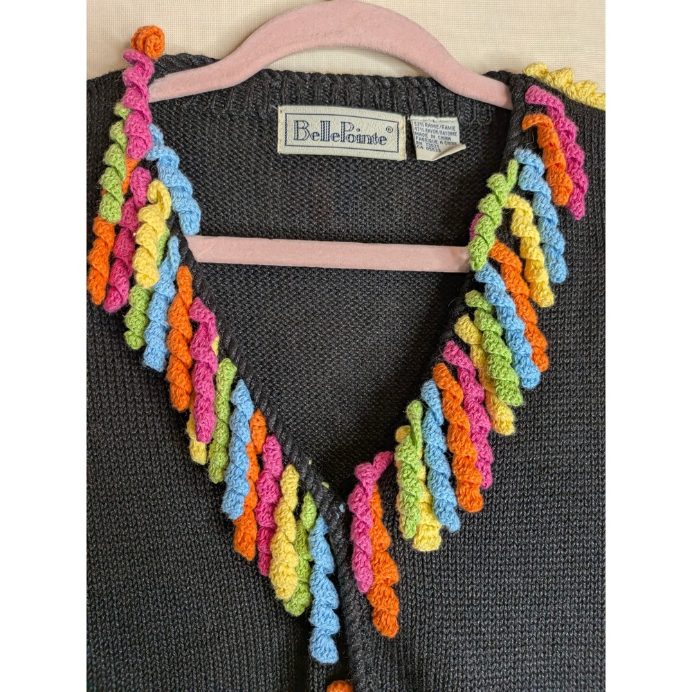 Vtg Colorful Knit Sweater Vest Granny Cardigan Rainbow Corkscrew Fringe Large - Picture 6 of 13